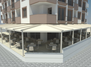 Realizacja horeca, zabudowa tarasu, ogródek restauracyjny, szyby przesuwne, pergola lamelowa