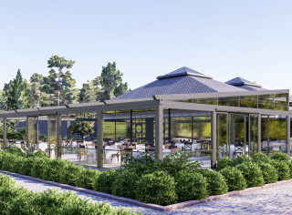 Realizacja horeca, zabudowa tarasu, ogródek restauracyjny, szyby przesuwne, pergola lamelowa