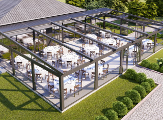 Realizacja horeca, zabudowa tarasu, ogródek restauracyjny, szyby przesuwne, pergola lamelowa