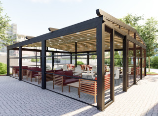 Realizacja horeca, zabudowa tarasu, ogródek restauracyjny, szyby przesuwne, pergola lamelowa