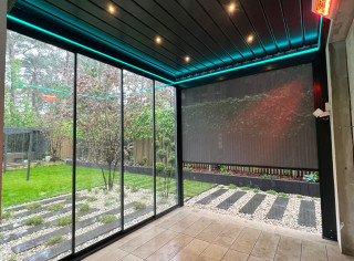 Louvered roof pergola, IR heater, spotlights and LED lighting system, glass sliding walls