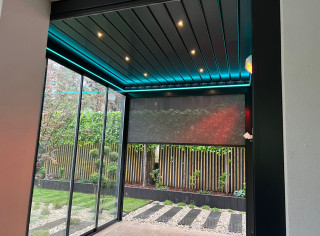 Louvered roof pergola, IR heater, spotlights and LED lighting system, glass sliding walls